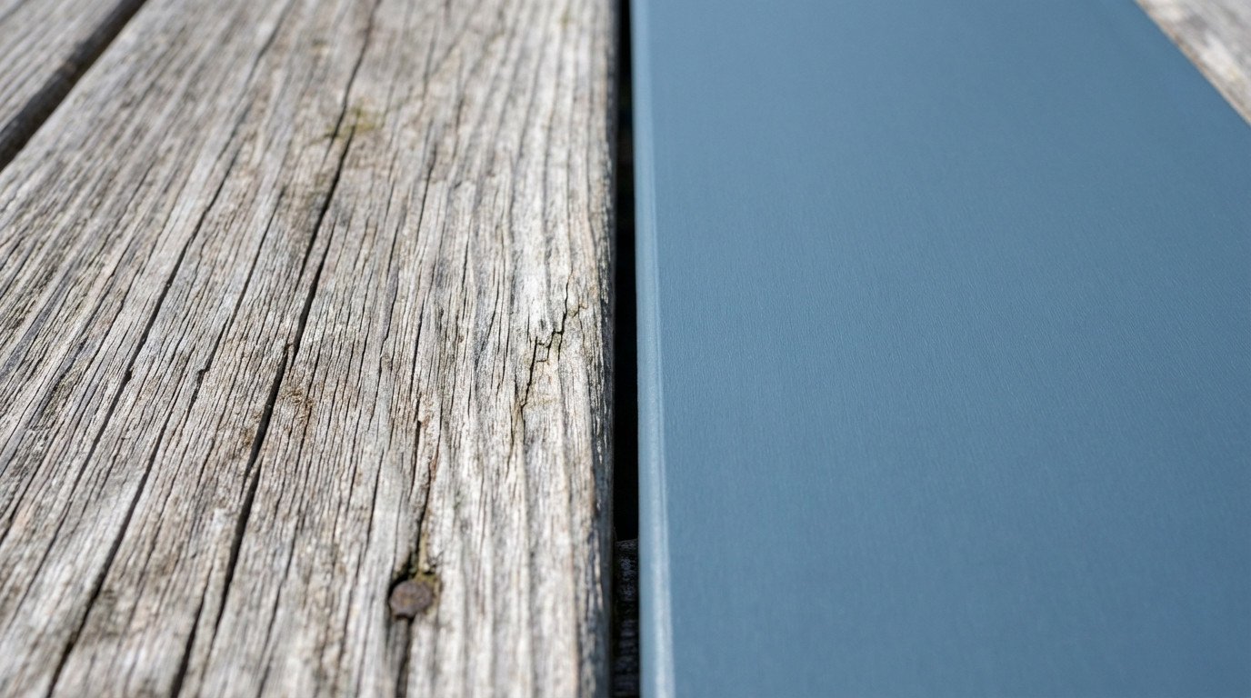 Comparaison visuelle entre un bardage en bois naturel grisé et un bardage composite durable