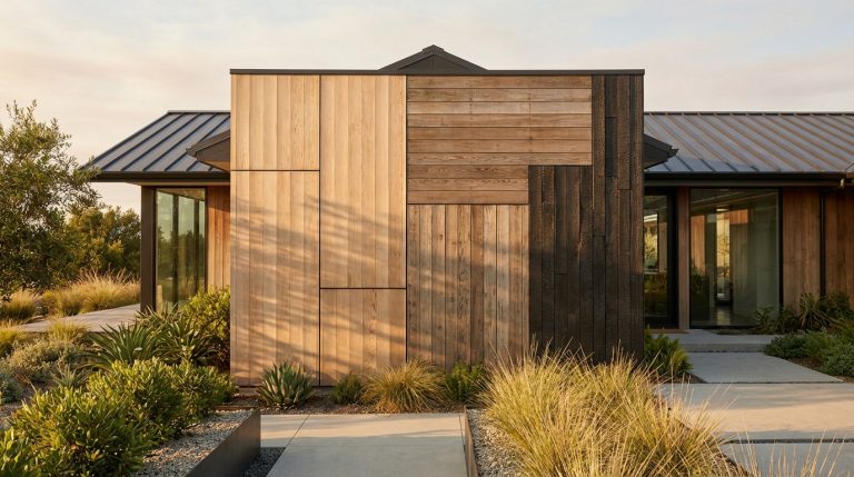 Modern home exterior with diverse wood cladding (light, medium, dark) under warm golden hour light, framed by lush landscaping.