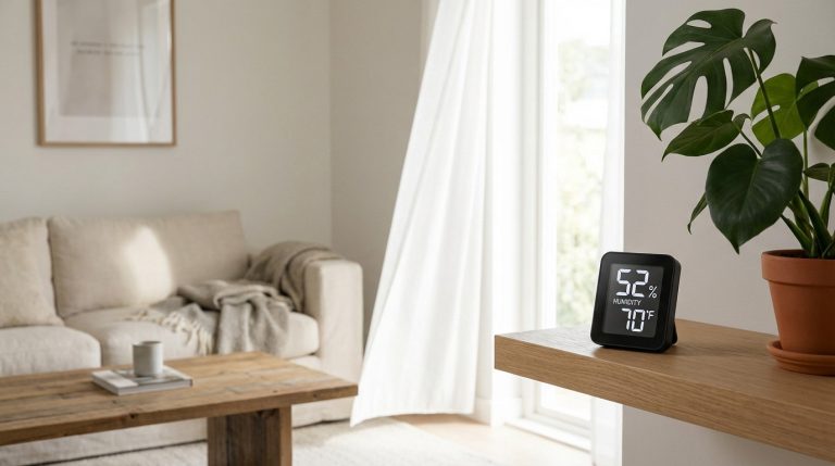 A digital hygrometer showing 52% humidity and 70°F on a wooden shelf in a bright, modern living room with a Monstera plant and soft daylight.