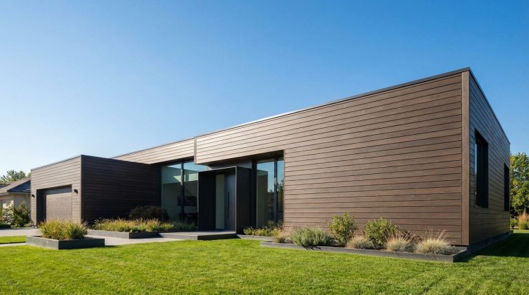 Modern architectural house with dark wood-grain composite cladding, large windows, green lawn, and clear blue sky on a sunny day.