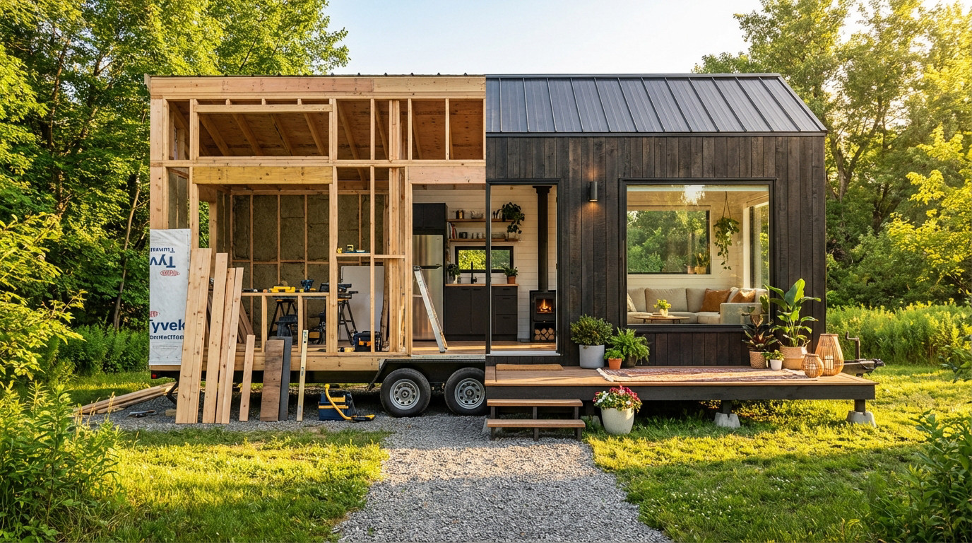 Comparaison visuelle entre l'ossature d'une tiny house en construction et un intérieur fini et chaleureux