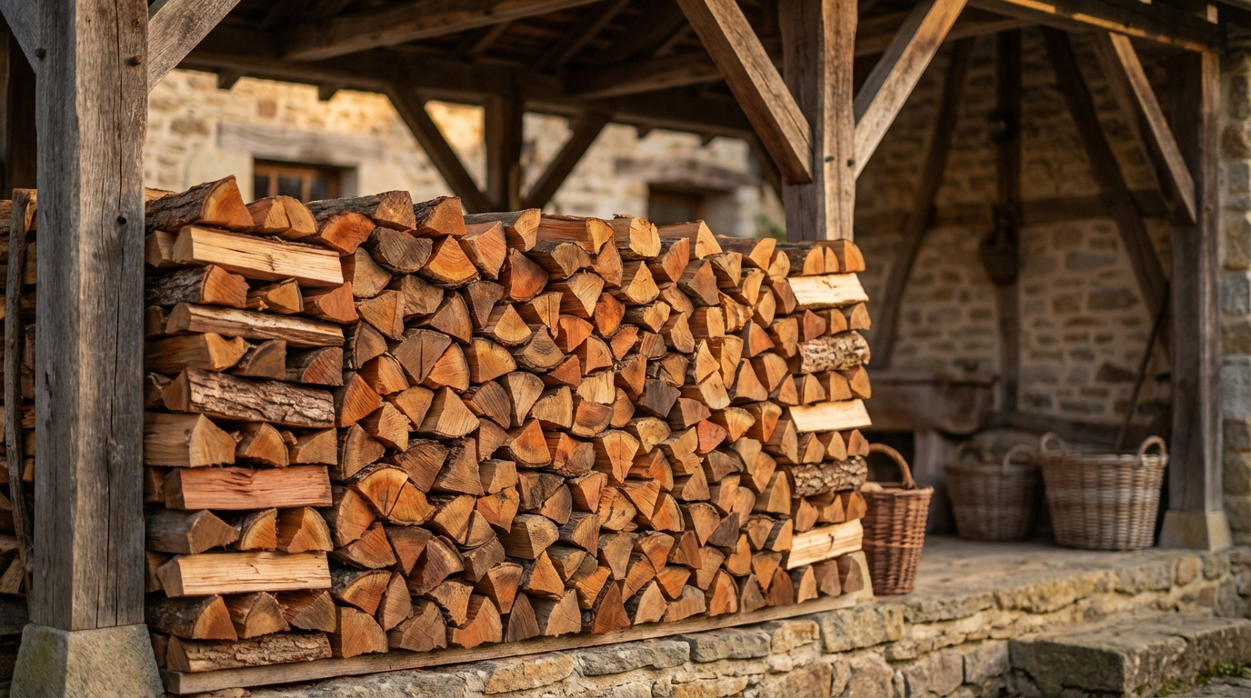 Grande pile de bûches de bois de chauffage fendues, soigneusement rangées sous un abri en bois rustique. Bâtiment en pierre en arrière-plan.