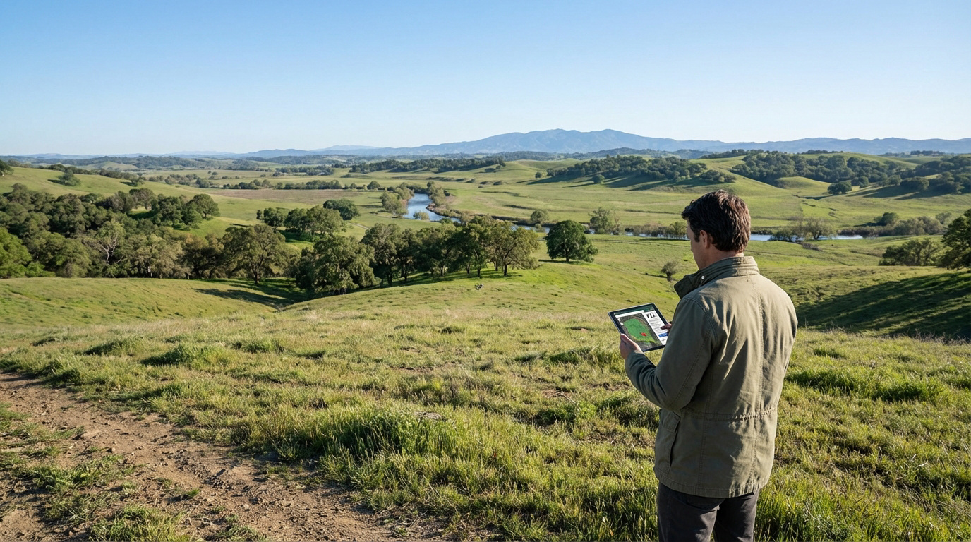 Un homme utilise une tablette pour évaluer un vaste paysage vallonné, verdoyant, avec une rivière et des montagnes.