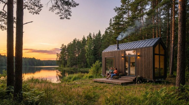 Couple sur la terrasse d'une tiny house moderne en bois au bord d'un lac, entourée de pins, au coucher du soleil.